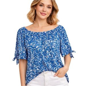 CeCe Palace Blue Floral Peasant Blouse Size L NWT